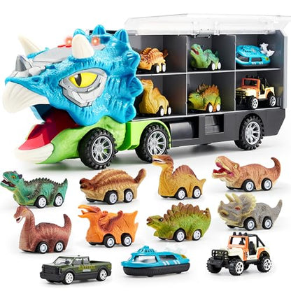 JOYIN 13 in 1 Dinosaur Toys for Kids 3-5, Triceraptor Dinosaur Truck with 12 Pull Back Cars, Birthday Gifts Toys for 3 4 5+ Year Old Boy, Transport Carrier Truck for Toddlers 3-4 Years - style: Triceratops Truck
