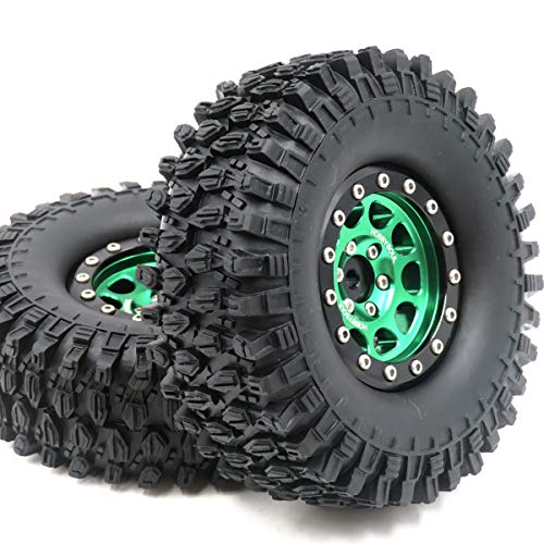 HOBBYSOUL RC Height 108mm/4.25inch Tires Mounted 1.9inch Beadlock Wheels Rims Green Black Color for 1/10 1/12 RC Mud Crawler Truck Axial SCX10 90046 RC4WD D90 TF2 Tamiya CC01,(2-Pack, Assembled)