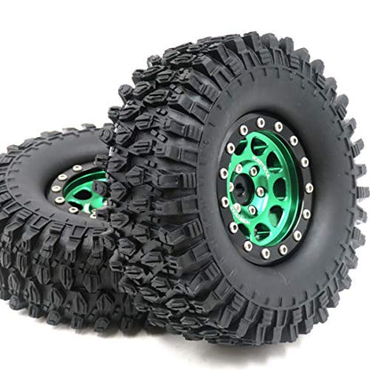 HOBBYSOUL RC Height 108mm/4.25inch Tires Mounted 1.9inch Beadlock Wheels Rims Green Black Color for 1/10 1/12 RC Mud Crawler Truck Axial SCX10 90046 RC4WD D90 TF2 Tamiya CC01,(2-Pack, Assembled)