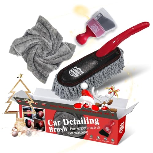 Car Interior Detailing Kit - Red Duster & Brush, Towel | Sweeps dash & vents. Soft fleece cloth absorbs dirt scratch-free. Perfect auto care gift box for narrow gaps & buttons. - color: Detailingbrushset2024