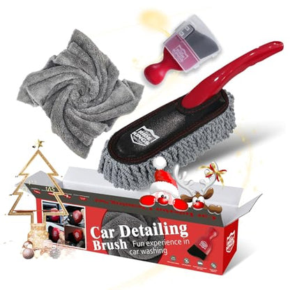 Car Interior Detailing Kit - Red Duster & Brush, Towel | Sweeps dash & vents. Soft fleece cloth absorbs dirt scratch-free. Perfect auto care gift box for narrow gaps & buttons. - color: Detailingbrushset2024