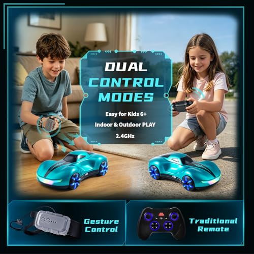 AEROQUEST Gesture Sensing RC Stunt Car with Display Garage | Remote Control Stunt Drift USB-C Charging Light Spray Sound Gesture Sensing Spotrs Birthday Holiday Gifts 2.4GHz 4WD - color: Meteor Supercar Blue