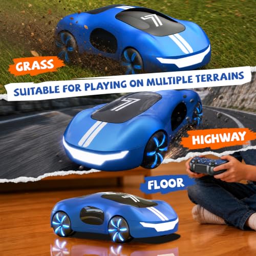 AEROQUEST Gesture Control RC Stunt Car with Lights & Spray for Boys 6+ | 2.4GHz 4WD Remote Control Drift Spray Effects USB-C Charging Light Sound Spotrs Car Gift for Boys 6+ - color: Blue