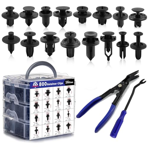 802Pcs Car Trim Clips Kit w/ 2 Tools for GM Ford Toyota Honda Benz | Ergonomic pliers & nylon clips – lightweight, effort-saving for door panels, bumpers, grilles, splash shields - size: Car Clips 802PCS-Blue