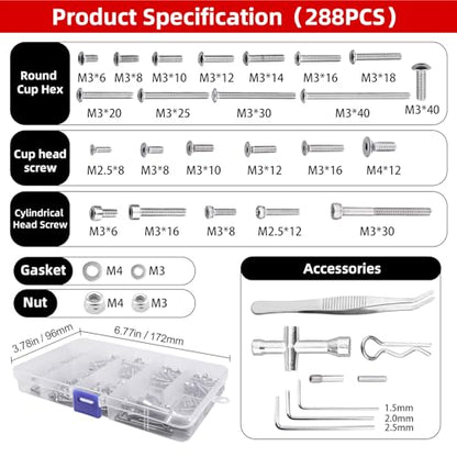 286pcs RC Screw Kit M2.5 M3 M4 Hex Screws Washers Lock Nuts Body Clips Wheel Pins Cross Wrench Hardware Fastener for 1/10 Traxxas Slash 4x4 2WD