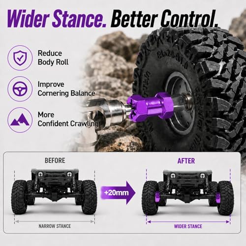 4PCS 12mm Hex Hub 20mm Aluminum Extension Hex for Axial SCX10 D90 90046 | 20mm CNC Wheel Hex Extenders for 1/10 RC Crawlers Redcat Gen7/Gen8 CC01 RC4WD Wider Stance & Tire Clearance with M4 Nuts Pins - color: Purple