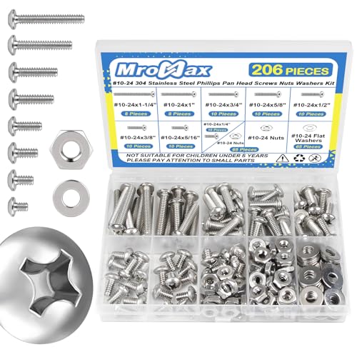 206Pcs #10-24 x 1/4" to 1-1/4" Pan Head Machine Screws Nuts Washers Kit | 304 Stainless Steel, UNC Fully Threaded Phillips Drive, 8 Lengths for Furniture Cabinet, Electrical Appliances Repair - size: #10-24