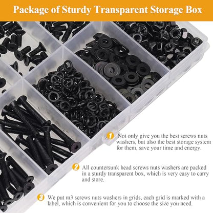 565 Pieces M3 Screws Nuts Washers Set Black, Sutemribor M3 x 5/6/8/10/12/16/20mm Countersunk Head Socket Cap Screws Nuts Washers Assortment Kit, 10.9 Grade Alloy Steel, Fully Threaded - size: M3, style: Countersunk Head Socket Cap