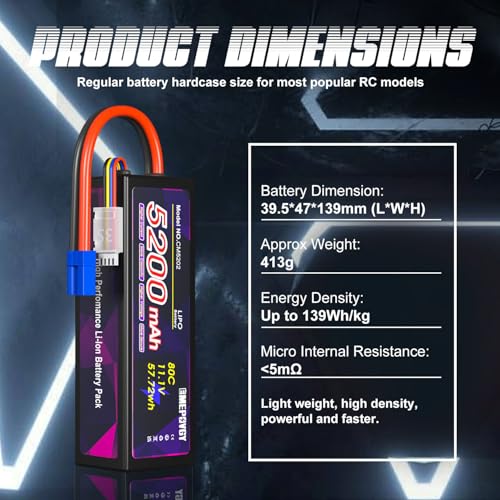 11.1V Lipo Battery 3S 5200mAh 80C Lipos Hard Case with EC5 Connector for RC Car Trucks 1/8 1/10 RC Vehicles - color: EC5