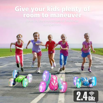 Amicool Remote Control Car for Girls 6-12 with Flashing Light, Toys 6 7 8 9 Years Old Girl Birthday Gifts Idea, RC Cars Stunt 4WD 2.4Ghz Double Sided 360° Flip, Present for Kids, Christmas, Pink - color: Pink