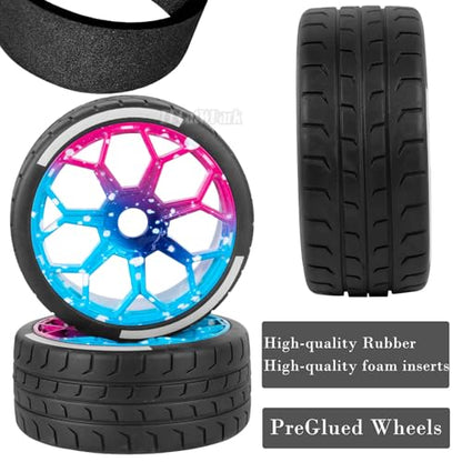 RC Highway Tires Wheel for 1/8 Typhon 6s BLX,1/7 Infraction 6S BLX,Limitless,4PCS RC Drift Tires Rubber RC Highway Wheel,Blue Pink - color: Blue Pink - (Highway Tires)