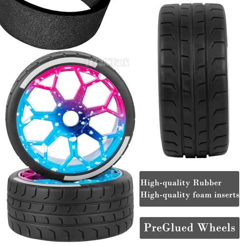 RC Highway Tires Wheel for 1/8 Typhon 6s BLX,1/7 Infraction 6S BLX,Limitless,4PCS RC Drift Tires Rubber RC Highway Wheel,Blue Pink - color: Blue Pink - (Highway Tires)