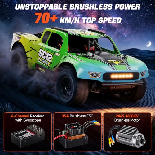 1/12 Brushless Remote Control Car RTR, 42MPH (70+Km/H 4WD Rc Short-Course Truck, Amateur-Level Rc Drift Car, Equipped with 3s 2200 Mah Battery, All-Terrain Tires, Suitable for Adults-RED - color: Green