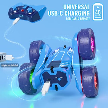 MaxTronic Fast Direct Charging Remote Control Car with LED，Exclusive Dual USB-C Charging for Car & Controller - 2.4Ghz 15km/h 360° Flips Rotations 4WD RC Stunt Car Fully Rechargeable for Kids 3-12 - color: Blue