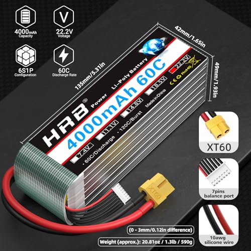 HRB 2PCS 6S 4000mAh Lipo Battery XT60 60C 22.2V Compatible with RC Plane