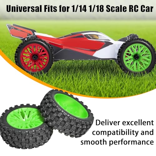 4PCS Pre-Glued RC Crawler Car Rubber Tires and Plastic Wheels Set, 70mm*26mm Tires and Rims with 12mm Hex Fits for ARRMA 1/14 1/16 1/18 Granite/Typhon Grom RC On/Off Road Crawler Truck Car (Green) - color: Green
