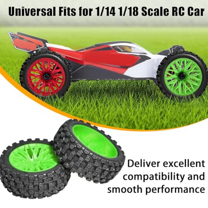 4PCS Pre-Glued RC Crawler Car Rubber Tires and Plastic Wheels Set, 70mm*26mm Tires and Rims with 12mm Hex Fits for ARRMA 1/14 1/16 1/18 Granite/Typhon Grom RC On/Off Road Crawler Truck Car (Green) - color: Green