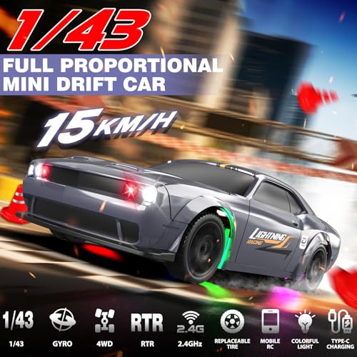1/43 RC Drift Car, Mini Drifting RC Car with Gyro 2.4GHz Full Proportional Drift Cars 4WD RTR Remote Control Cars with Colorful Lights High Speed Fast Racing Vehicle Gift for Kids Boys Adults - color: Silver