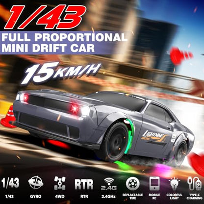 1/43 RC Drift Car, Mini Drifting RC Car with Gyro 2.4GHz Full Proportional Drift Cars 4WD RTR Remote Control Cars with Colorful Lights High Speed Fast Racing Vehicle Gift for Kids Boys Adults - color: Silver