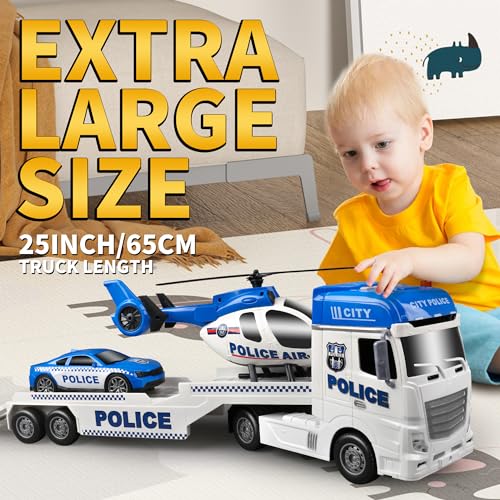 Dwi Dowellin Toddler Boy Toys for 3 4 5 6 Year Old, 25" Semi Truck Toy with Racing Car and Helicopter - Police Toys,Birthday Gifts for Kids Child 2 3 4 5 6 Years Old - style: Police Truck