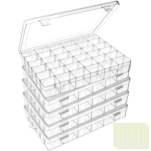 DILIBRA 5 Pack 36 Grids Large Plastic Organizer Box with Adjustable Divider | Clear Craft Organizers Bead Organizers with Label Stickers, Compartment Container for Beads Crafts Jewelry Fishing Tackles - size: 5 Pack 180 Grids