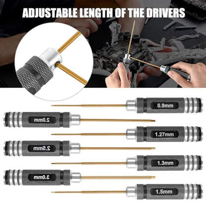Professional RC Titanium Plated Ti Coated Hex Screwdriver Set 7PCS | Precision Hexagon Allen Kit (0.9-3.0mm) for RC Car, Drone, Helicopter, Durable RC Tool Kit