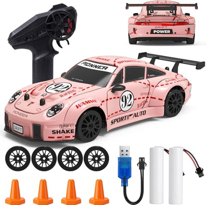 1:24 4WD RC Drift Car Dual Batteries - Pink | 2.4GHz, LED, 2 tire sets, 2 speeds, 25-30min per battery, USB charge, cones+tool, PC shell, great for indoor play & gift - color: Pink