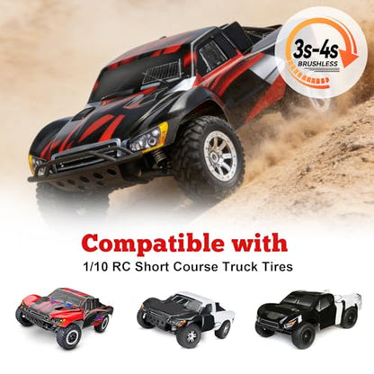 HobbyPark Pre-Glued RC Short Course Tires and Wheels Chrome 12mm Hex 1/10 Scale for Traxxas Slash 4x4 2wd Vxl BL-2S Redcat Blackout SC Pro TR10 Losi 22S SCT 3S 4S Lipo Brushless 4 Sets (Style A)