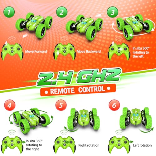 Excitobo Remote Control Car,RC Cars for 4 5 6 7 8 9 10 11 12 Year Old Boy Double Sided 360°Flip 4WD Rechargeable Drift RC Race Car Boys Toys Birthday Gifts Easter Basket Stuffers for Kids Age 4-12 - color: Green