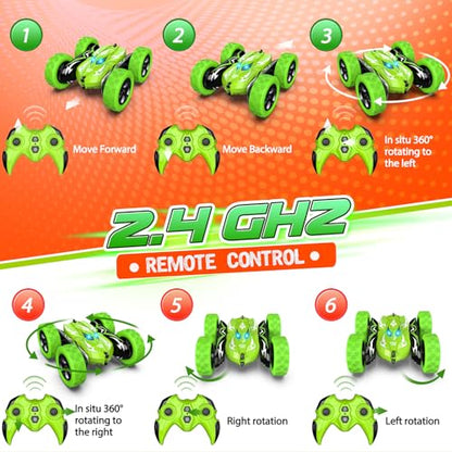 Excitobo Remote Control Car,RC Cars for 4 5 6 7 8 9 10 11 12 Year Old Boy Double Sided 360°Flip 4WD Rechargeable Drift RC Race Car Boys Toys Birthday Gifts Easter Basket Stuffers for Kids Age 4-12 - color: Green