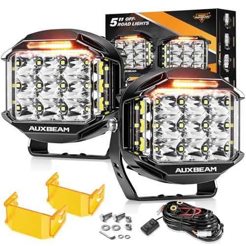 Auxbeam 5" 168W Round LED Offroad Light Pod with Amber DRL, V-MAX Series 16440LM Side Shooter LED Offroad with 270° Beam & Amber Covers, Auxiliary Driving Light for Truck ATV Jeep Ford | Spot Flood Combo Light Pods, 168W 16440LM Light Output, 3 Lighting M