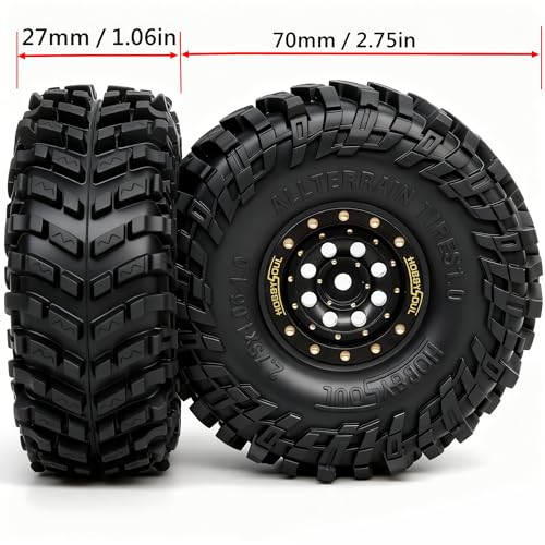 HOBBYSOUL 70 * 27mm 1.0'' beadlock Wheels and Tires Set - Brass Adjustable Offset 1.0 Wheel Black & Soft Sticky 1.0 tire for RC Crawler 1/18 TRX4M 1/24 SCX24, HS701772 - color: Black