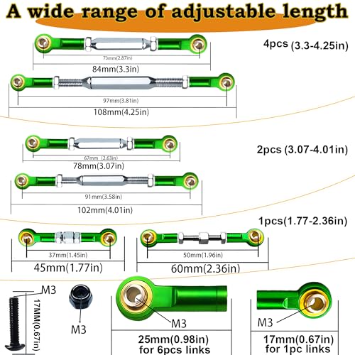 Stainless Steel Turnbuckles Fit for 1/10 Traxxas Rustler Slash Hoss,Green | 74-108mm Adjustable Camber Links with Rod Ends for Stampede Bandit,Upgrades Hop Ups Parts - color: Green