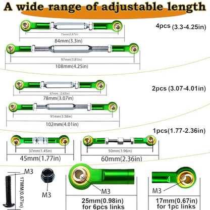 Stainless Steel Turnbuckles Fit for 1/10 Traxxas Rustler Slash Hoss,Green | 74-108mm Adjustable Camber Links with Rod Ends for Stampede Bandit,Upgrades Hop Ups Parts - color: Green