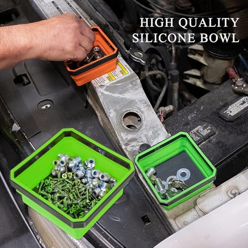 Collapsible Magnetic Parts Tray, 4.5" Square Silicone Tool Tray with Dual-Sided Magnetic Base, Foldable Small Metal Parts Organizer Storage Bowl for Screws Bolts Nuts Washers (Green) - color: Green