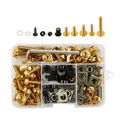 195PCS M5 M6 Motorcycle Fairing Bolt Kits, Stainless Steel Windshield Fairing Screws Fastener, Motorbike Windscreen Bolts Nut Clips Kit, Universal for Dirt Bike Scooters Motocross (Gold) - color: Gold
