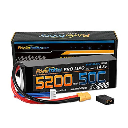 Powerhobby 4s 14.8v 5200mah 50c Lipo Battery w XT60 Plug + Adapter : Compatible with Traxxas Maxx