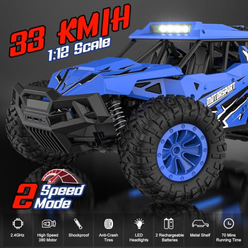 BLUEJAY Remote Control Car, 2.4GHz High Speed 33KM/H RC Cars Toys | 1:12 Monster RC Truck Off Road with LED Headlight and Rechargeable Battery Gifts for Adults Boys 8-12 - color: Blue