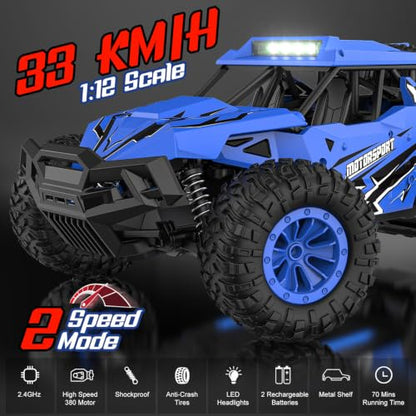 BLUEJAY Remote Control Car, 2.4GHz High Speed 33KM/H RC Cars Toys | 1:12 Monster RC Truck Off Road with LED Headlight and Rechargeable Battery Gifts for Adults Boys 8-12 - color: Blue