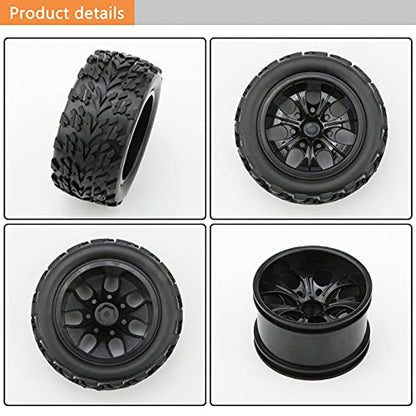 RC Wheels and Tires, 4 Pack, 12mm Hex, 1/10 Monster Truck | with Nuts and Washers, RC Car Parts