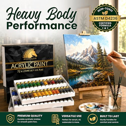 MyArtscape Heavy Body Acrylic Paint Set - 72 x 21ml with 3 Brushes | Rich pigment heavy body acrylic paint with 3 brushes for canvas wood fabric crafts and multi surface projects