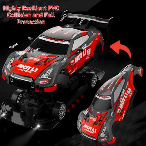 1:20 RC Drift Car for Kids,4WD 2.4GHz 30KM/H High Speed Remote Control Car, Racing Sport Toy Car with LED Lights,Drifting Tires＆2 Batteries (Red 01) - color: Red 01