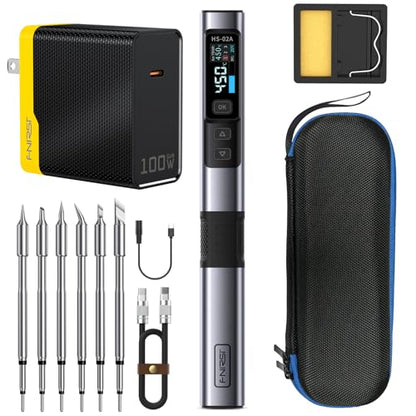FNIRSI HS-02A 100W Portable Corded Soldering Iron Kit, 3S Fast Heating | 212-842℉, Pre-set 3 Groups Temps, Auto Sleep, 6 F245 Soldering Tips, Smart Digital Soldering Pen Tool for Electronics Repair