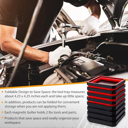Huwena 8 Pcs Collapsible Magnetic Parts Tray Set Foldable Tool Trays Square Double-sided Magnetic Parts Bowl for Screw Bolts Nuts Washers Pins Mechanic Tool Gifts for Men (Red and Black) - color: Red and Black