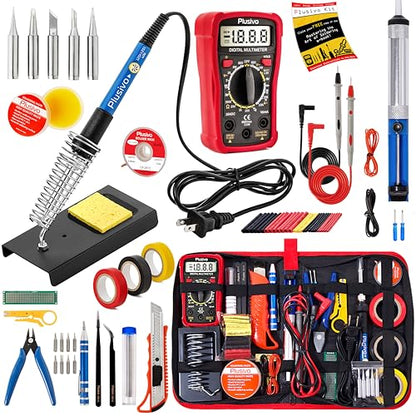 Soldering Iron Kit, 60W Soldering Iron Adjustable Temperature 30-in-1, 5 Solder Tips, Digital Multimeter, Solder Wire, Paste, Desoldering Pump, Tweezers for Electronics Hobby Enthusiast 120V US Plug