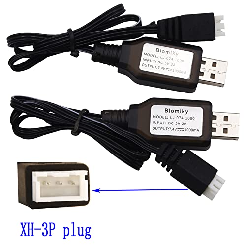 Blomiky 2 Pack 7.4V 1A USB Charge Cable with XH-3P Plug for 2S Lipo Battery with XH-3P Connector / 7.4V 1A USB 2