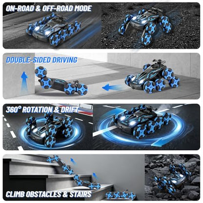 8WD Remote Control Stunt Car with Music Light Mist Spray, RC Drift Car Toys for Kids 6+, 2.4GHz Remote, Double Sided Driving, 360° Spins, Off-Road Stunt Vehicle, Birthday Gifts for Boys Girls - color: Blue