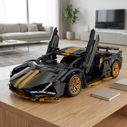 RC Car Building Kit, 1:14 App Control Car Kit with LEDs | car kit with 790+ pieces, opening doors, LED lights, app control, and responsive driving; built for solo projects. - color: Black and Gold