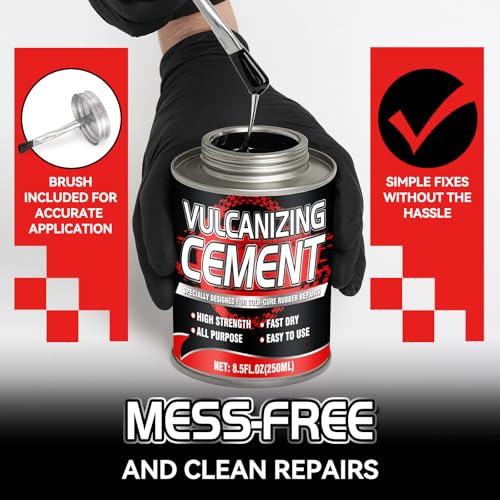 Chemical Vulcanizing Cement – Fast Dry Rubber Cement, All Purpose Tire Repair Glue, Tire Patch Kit with Brush – 8.5 FL.Oz for Car, Motorcycle, Bike (Rubber)