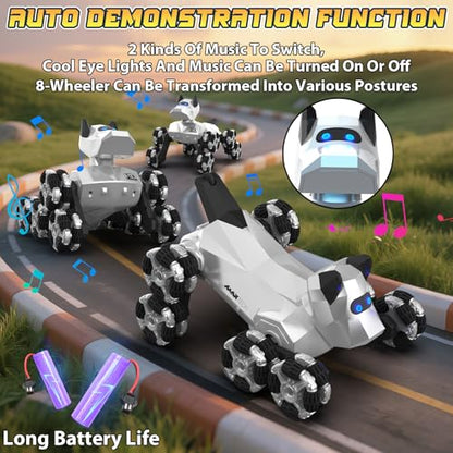 Robot Dog Toy, 2.4 GHz Remote & Gesture Control, RC Stunt Cars with Music Light Eyes 2 Rechargeable Batteries, Toy for Kids Boys Girl Christmas Birthday Gifts